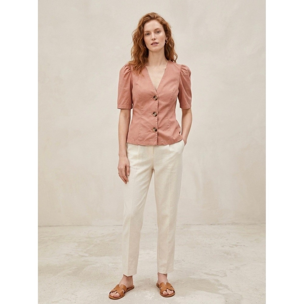 Zara Woman Pink Lyocell Cotton Puff Sleeve Button Front V-Neck Blouse Small